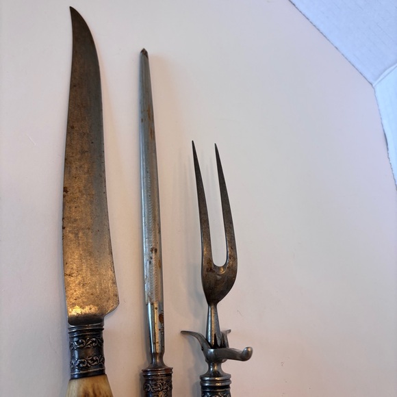 Antique Vintage Antler Handle Handle Carving Set w/ Silver Plated Ferrules Rare - Picture 14 of 14